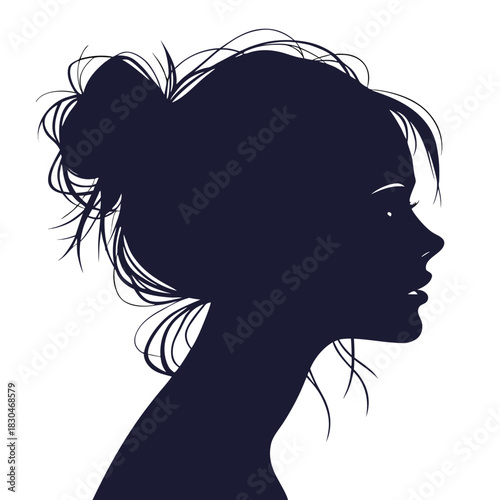 Vector illustration of silhouette profile of a woman with messy bun hairstyle and delicate facial features