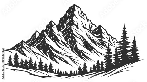 Vector illustration a majestic mountain range with snowcapped peaks, towering over a serene landscape