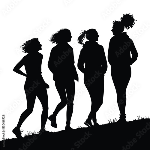 Vector illustration of silhouette of four diverse women jogging or running together uphill against a bright