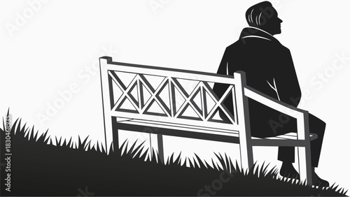 Vector illustration of silhouette of a person sitting alone on a park bench overlooking a grassy slope