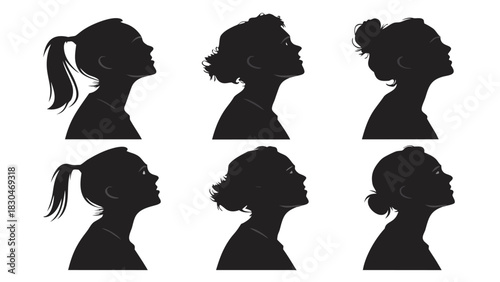 Vector illustration of set of six black female head profile silhouettes showing different hairstyles looking upward