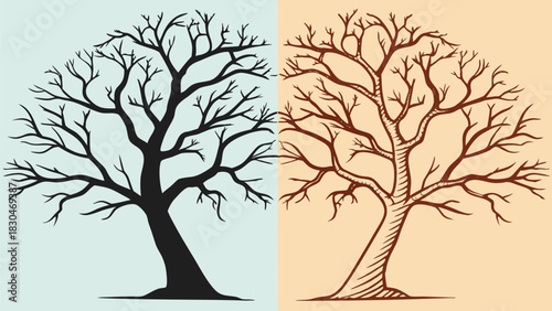 Vector illustration a stark contrast a bare tree stands silhouetted against a pale blue background, juxtaposed with a brown tree on a peach backdrop
