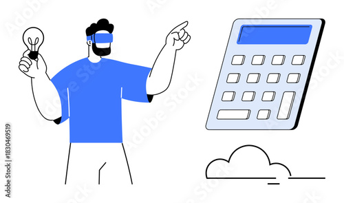 Man in virtual reality headset holding a lightbulb, pointing at a calculator. Ideal for innovation, technology, virtual reality, financial analysis, creativity, problem-solving, and futuristic