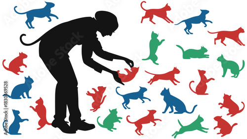 Vector illustration silhouette of a person surrounded by colorful cats, creating a playful and whimsical composition