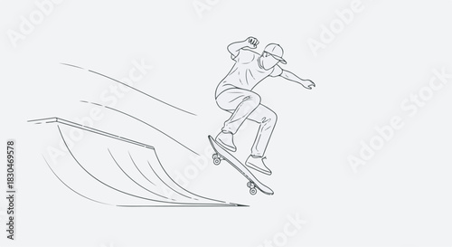 Skateboarder doing a trick jump off a ramp line drawing vector isolated on white background