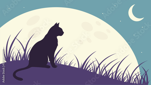 Vector illustration a black cat sits silhouetted against a large full moon, gazing at the crescent moon and stars in the night sky above the grass