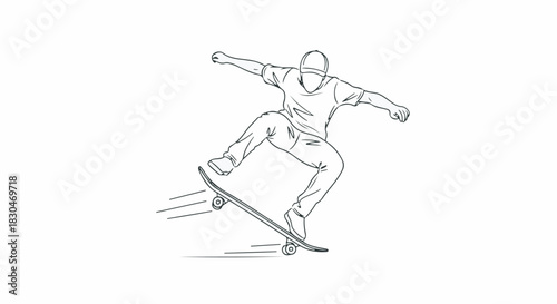 Simple black and white vector line art of a skateboarder performing a jump