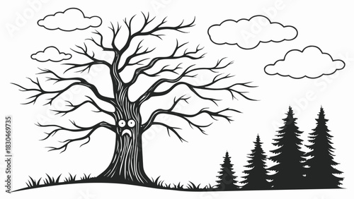 Vector illustration a spooky tree with a sad face stands alone against a backdrop of clouds and pine trees