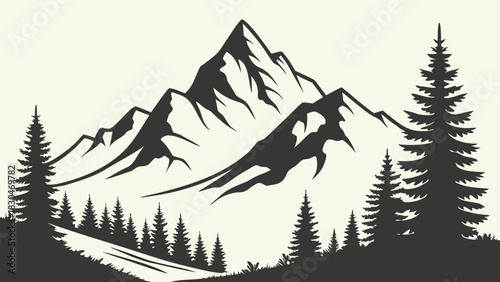 Vector illustration majestic mountain peak towering over a serene landscape with evergreen trees, creating a tranquil and scenic outdoor vista