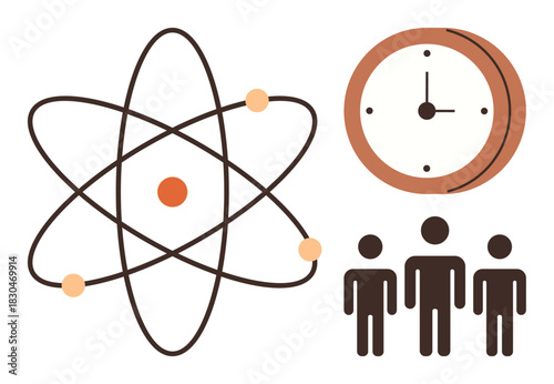 Atomic structure symbolizing science, clock representing time management, and three people representing a collaborative team. Ideal for teamwork, efficiency, education, research, productivity
