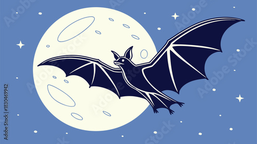 Vector illustration of stylized illustration of a dark bat flying in front of a large, pale full moon against a starry night sky