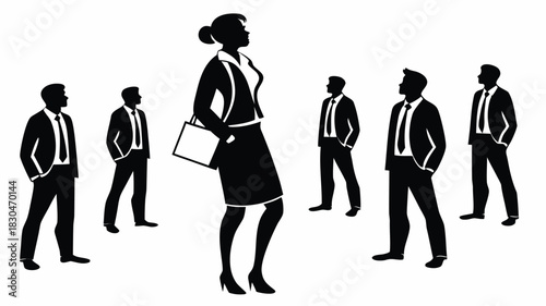 Vector illustration of silhouette of a confident businesswoman standing tall among a group of male colleagues