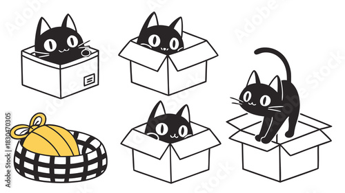 Vector illustration a collection of adorable black cats playfully interacting with boxes and a basket