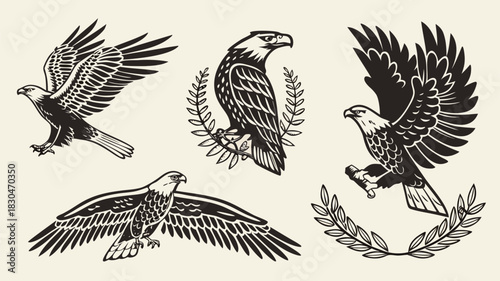 Vector illustration of collection of vintage style black and white eagle illustrations featuring various poses and laurel wreath accents