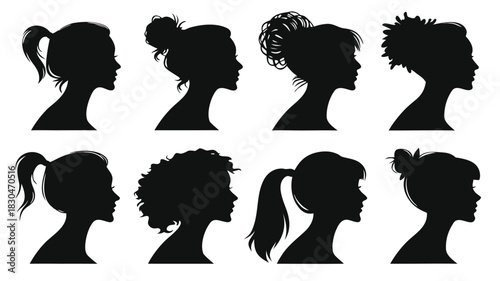 Vector illustration of collection of eight female silhouette profiles showcasing various updo, ponytail, and textured hairstyle variations