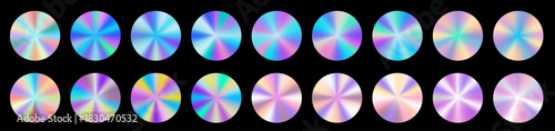 Gradient hologram swatch set with iridescent shimmer, pearl silver foil and metallic blue glow. Holographic circle stickers add a futuristic palette look. Iridescent swatch gradient.