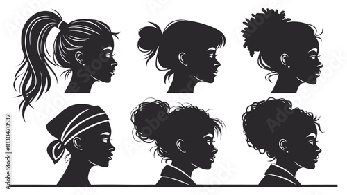 Vector illustration of silhouette collection of six different black woman hairstyles including ponytail, bun, afro puff, and head wrap