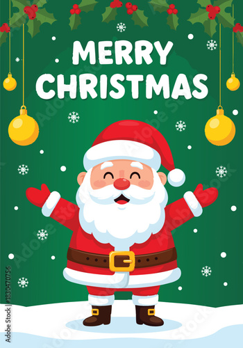 Merry Christmas Greeting Card with Cheerful Santa Claus, Holly, and Snowflakes Illustration