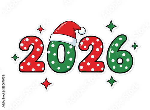 Festive 2026 Christmas and New Year Cartoon Design Element with Santa Hat and Polka Dots