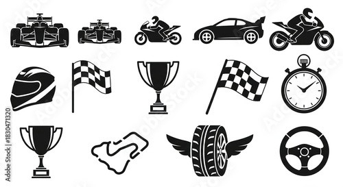 Exciting motorsport icons set for racing enthusiasts featuring formula cars, motorcycles, helmets, trophies, flags, tires, steering wheels and race tracks
