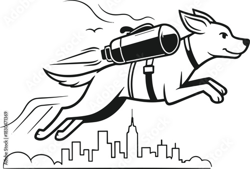 Jetpack dog flying above city skyline with bird, cartoon animal silhouette, fantasy urban motion concept, futuristic illustration, white background