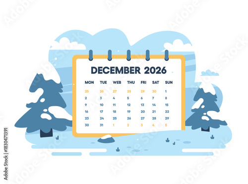 December 2026 calendar page vector illustration. Winter landscape with snowy pine trees and drifts. Concept of business planning and schedule.