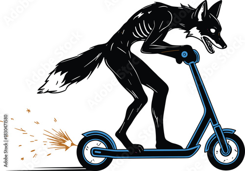 Humanoid wolf riding electric scooter with glowing eyes and rear sparks, cartoon animal illustration, fantasy speed concept, motion design, white background