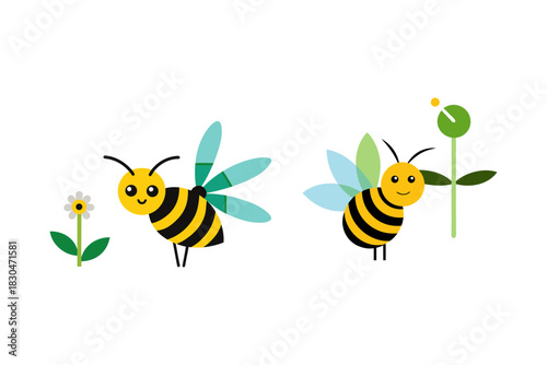 Cute cartoon bees flying near flowers and plants on a black background representing nature and pollination in a simple graphic style