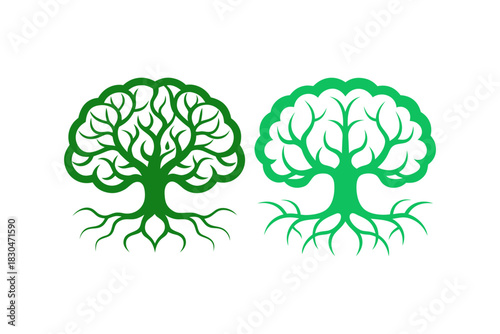 Two stylized green trees with intricate branches and visible roots are depicted against a stark black background symbolizing nature and growth
