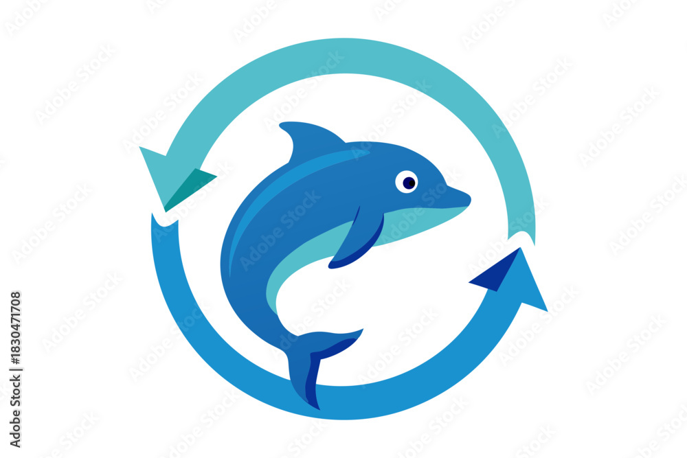 Obraz premium A cheerful blue dolphin leaps within a circular arrow symbol representing movement and continuity in a clean vector graphic on a black background