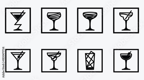 Collection of different cocktail glass icons bar and restaurant menu elements