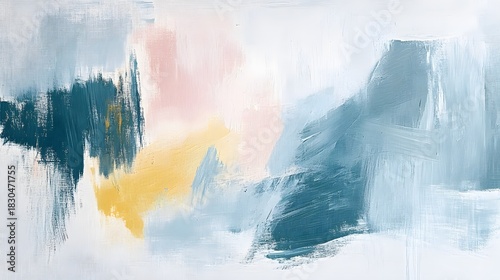 Canvas features broad, energetic brushstrokes of teal, pale pink, soft yellow, and light blue layered over white