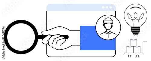 Hand holding magnifying glass, browser window, worker avatar, light bulb, and cart with boxes. Ideal for research, innovation, logistics, problem-solving e-commerce brainstorming