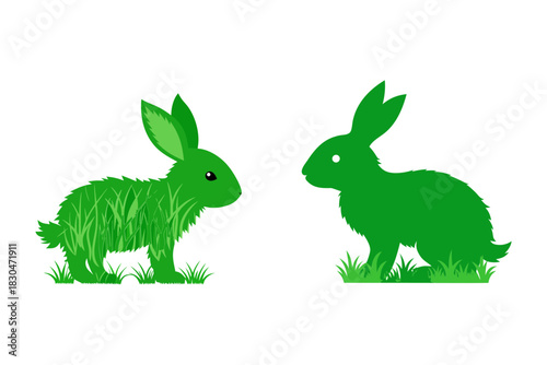 Two stylized green rabbits stand in grass against a black background one appearing as a silhouette and the other with a textured grass fur effect