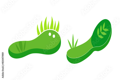 Two charming cartoon green characters resembling abstract plant sprouts or friendly microbes with grass accents and simple facial features against a black background