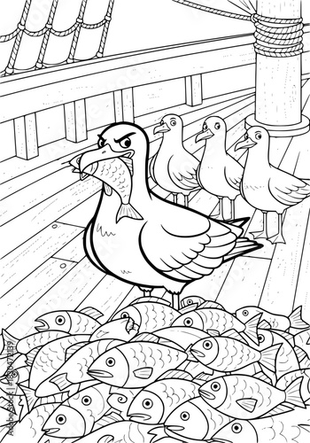 A brave seagull steals fish from the deck of a sailing ship. coloring book