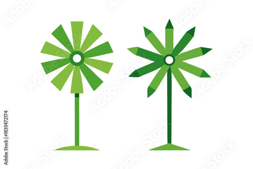 Two stylized green pinwheels or windmills with different blade shapes standing tall on thin stems against a stark black background symbolizing nature and creativity