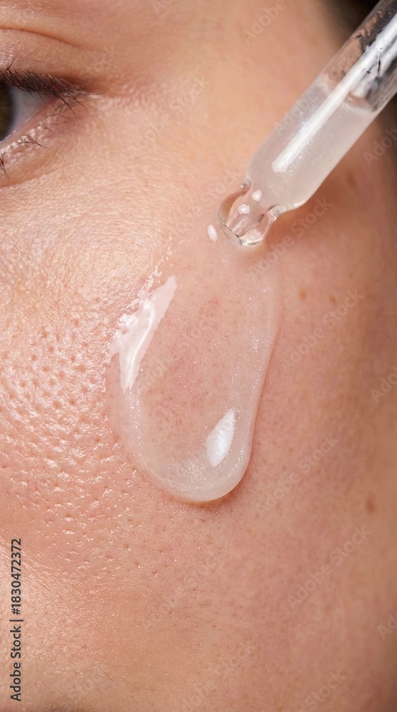 Fototapeta premium Close-up shot shows a clear liquid being applied to a person's skin with a dropper, highlighting the smooth and moisturizing effect of skincare.