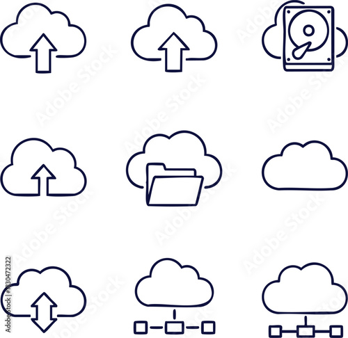 Cloud computing icons offer modern data storage and file transfer solutions in a simple, elegant line art design for professional tech projects