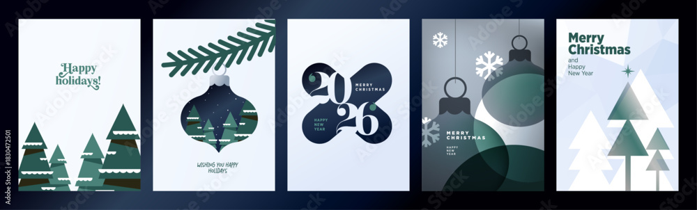 Naklejka premium Christmas and New Year cards. Vector illustrations for holiday greeting card, poster, website and social media banner, marketing material.