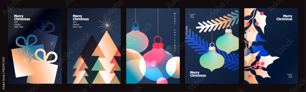 Obraz premium Christmas and New Year holiday card collection. Vector illustrations for holiday greeting card, poster, cover, website and social media banner, marketing.