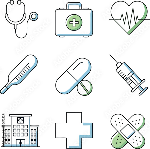 Comprehensive set of healthcare and medical essential icons, depicting tools like a stethoscope, first aid kit, syringe, and hospital building for health and wellness concepts