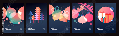 Merry Christmas and Happy New Year greeting cards. Vector illustrations for holiday greeting card, poster, cover, website and social media banner, marketing.
