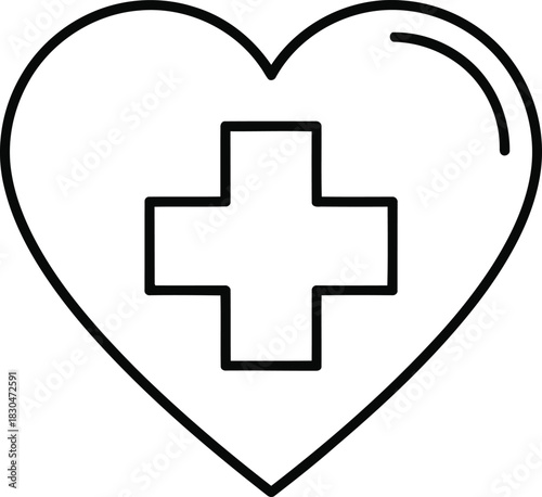 Line art icon of a heart enclosing a medical cross, symbolizing healthcare, essential support, overall wellness, and compassionate care, ideal for digital media and health-related content