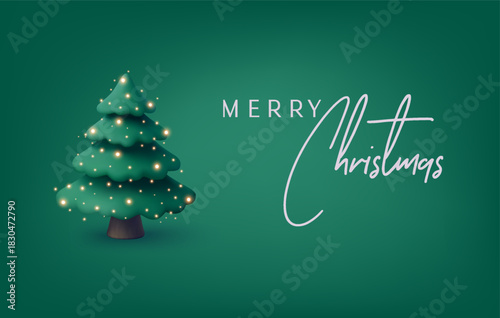 Soft 3D Christmas tree with glowing lights on green background. Elegant holiday greeting card design, perfect for winter marketing, festive branding and seasonal promotions. 3D vector illustration.