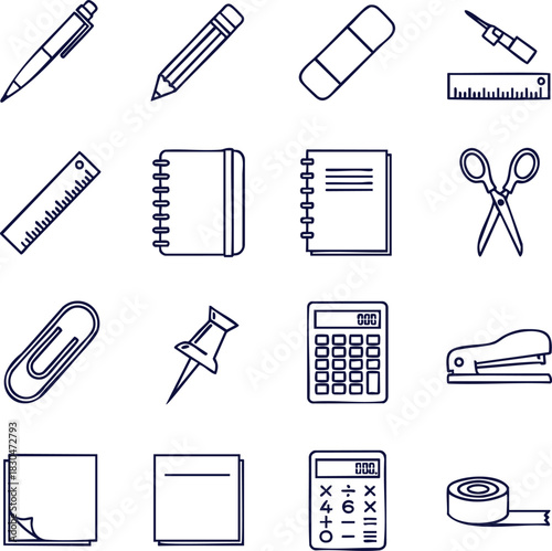 Get organized with modern line art icons of essential office supplies for back to school projects and creative designs in your next project