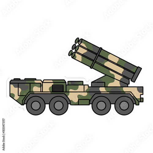 Camouflaged Military Rocket Launcher Truck In A Flat Vector Art Style