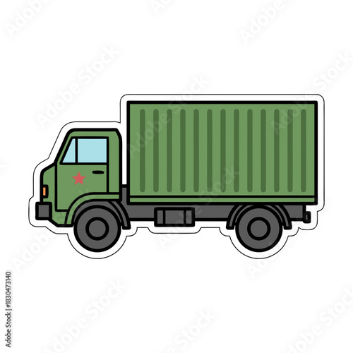 Camouflaged Military Transport Truck With Six Wheels And Cargo Container In Flat Vector Style Isolated On Black Background