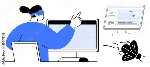 Programmer pointing at screen to debug while addressing software bugs. Ideal for tech, coding, problem-solving, debugging, innovation, IT processes, error analysis. Simple flat metaphor