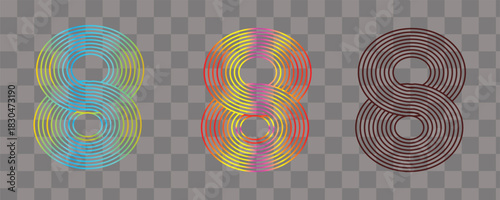 Illustration of three colorful figure eights made of concentric circles on a transparent background